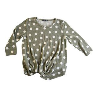 Kim & Cami Medium Polka Dot Twist-Front Green & White Soft Knit 3/4 Sleeve Top